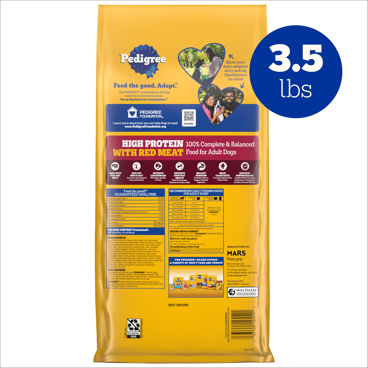 Pedigree Dry Dog Food for Adult Dogs, High Protein, Beef and Lamb Flavor, 18 lb. Bag